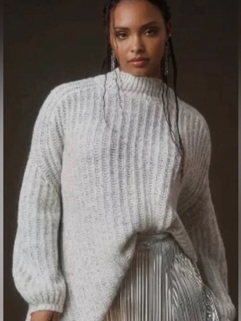 Anthropologie Pilcro Long Line Cable Tunic Sweater Ivory Small Wool/Linen Blend
